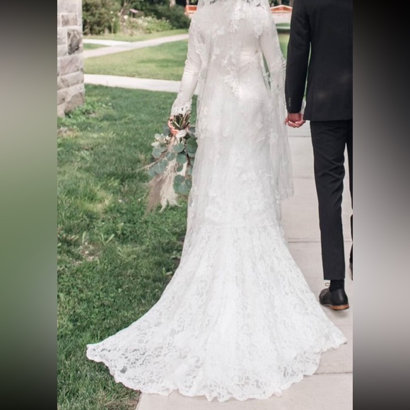 Long Sleeve Illusion Boho Style Fit & Flare Wedding Dress - Picture 3 of 7